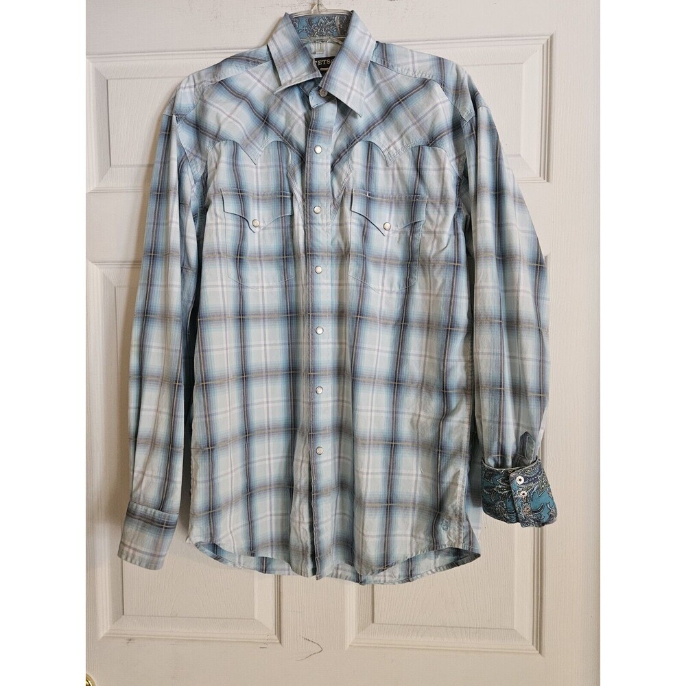 Stetson Pearl Snap Shirt Western Plaid Button Up Top Flip Cuffs Mens Medium